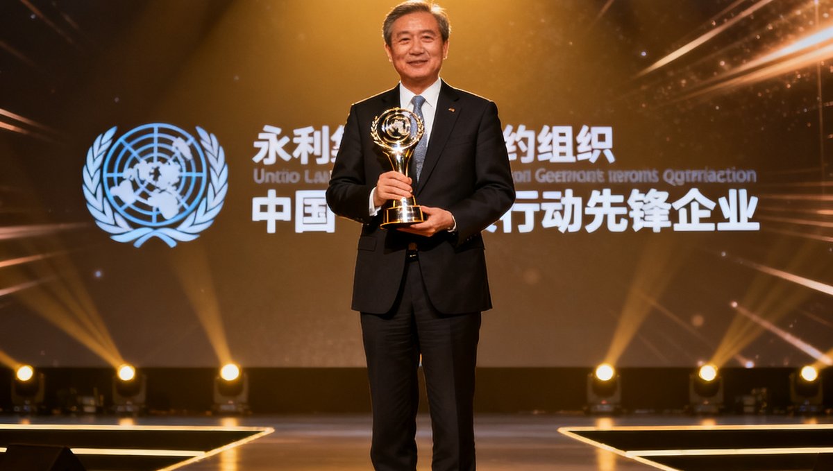 永利集团代表在联合国全球契约组织颁奖典礼上接受'中国气候行动先锋企业'奖杯，舞台灯光璀璨。