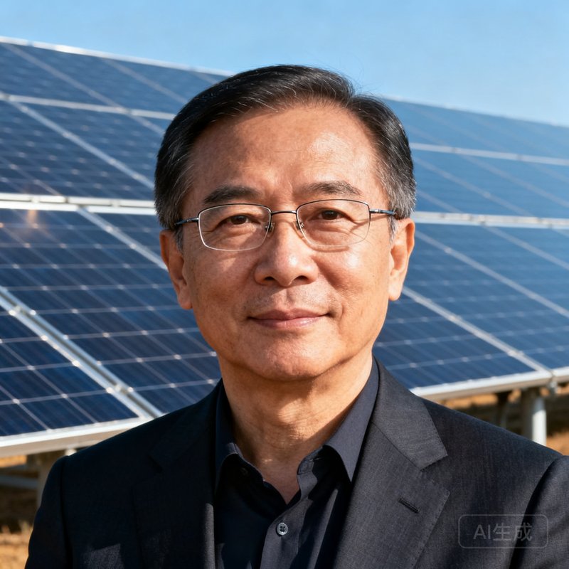 永利集团创始人兼CEO林振华，50岁，戴着细框眼镜，身着深色西装在光伏电站前留影，眼神坚定而温和，身后是绵延的太阳能板阵列。