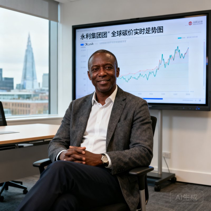 永利集团碳资产管理首席投资官David Okonkwo，45岁，非洲裔男性，身着商务休闲装在伦敦金融城办公室内，背景屏幕上显示全球碳价实时走势图。